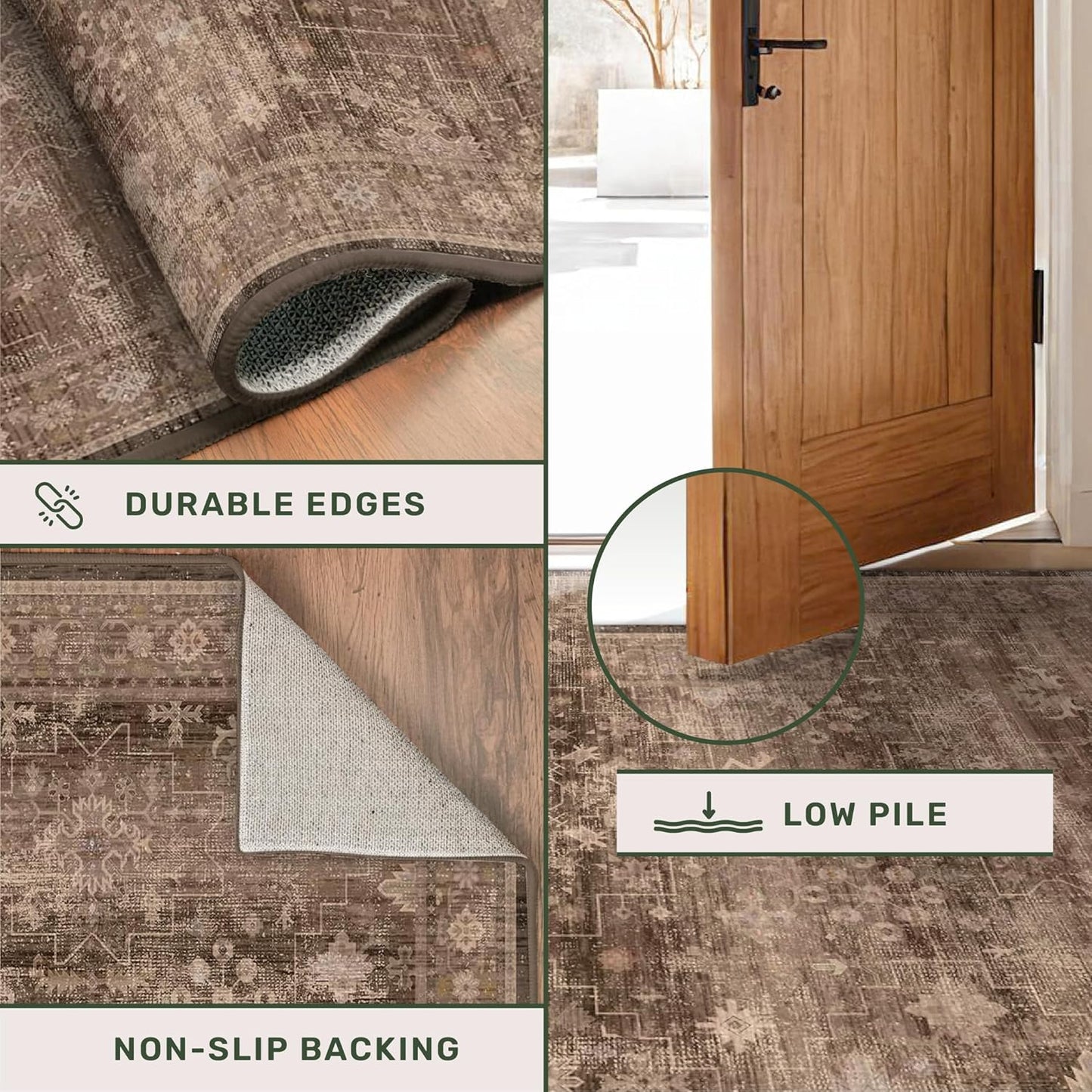 Skiennix Brown Boho Washable Entry Rug - Non-Slip Rubber Backing | 3x4 Indoor Door Mat in Earthy Taupe Floral Design