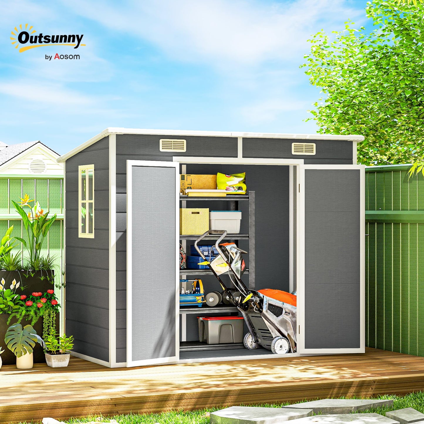 Outsunny 8' x 4' Outdoor Storage Shed, Waterproof Resin Plastic Shed with Floor, Window, Lockable Doors and Vents, All-Weather Garden Tool Shed for Backyard, Patio, Lawn, Gray