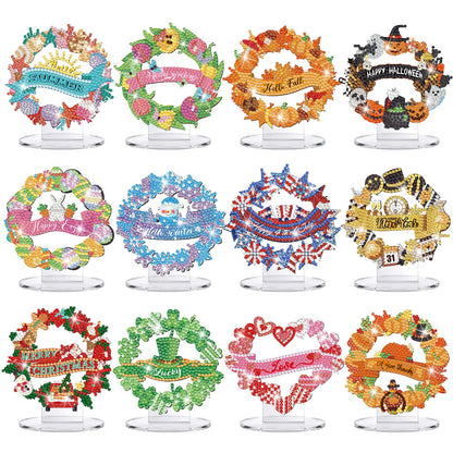 YooNotee 12 Sets Interchangeable Seasonal Diamond Art Tabletop Decorations Holiday Diamond Art Painting Kit with 12 Acrylic Base for Table Tiered Tray Decor Craft Graduation Centerpiece (Wreath)