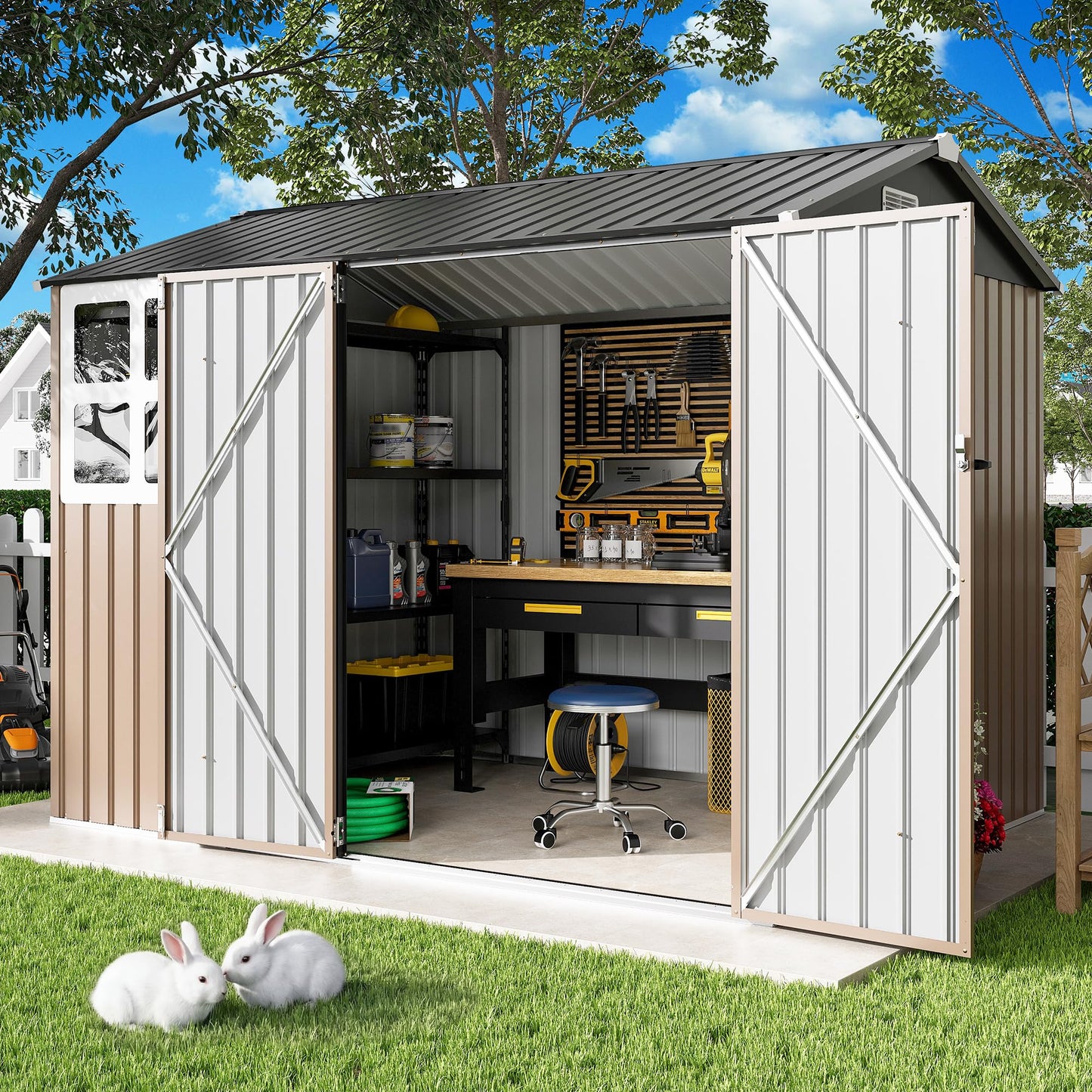 IRONCK 8x6FT Outdoor Storage Shed with Clear Window, Tool Shed with Breathable Vent and Lockable Doors, Metal Garden Storage for Poolside, Patio, Backyard, Brown