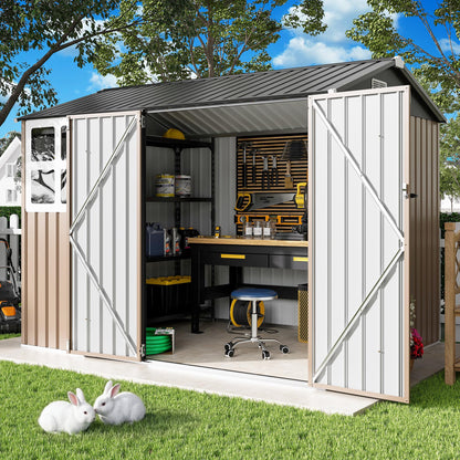 IRONCK 8x6FT Outdoor Storage Shed with Clear Window, Tool Shed with Breathable Vent and Lockable Doors, Metal Garden Storage for Poolside, Patio, Backyard, Brown