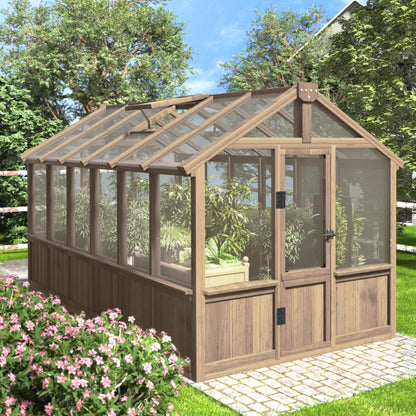 Yardenaler 6x12 FT Greenhouse Kit, Wood Greenhouses with 6MM Thick Polycarbonate Panel for Outdoor, Walk-in Green House with Lockable Door & Adjustable Roof Vent, Backyard, Garden, Light Mocha Brown