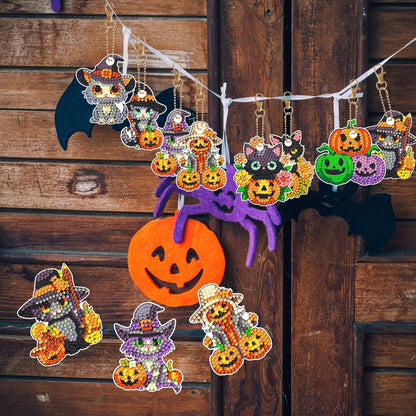12 Pcs Halloween Cat Diamond Keychains Kit Double Sided DIY Cute Halloween Cat Diamond Keychains for Beginners Adults Art Craft Supplies Holiday Gift