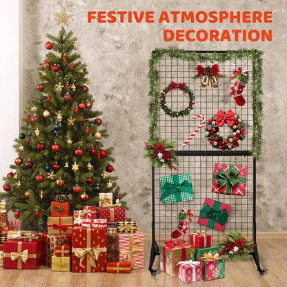2 Packs 3' x 6' Grid Wall Panels Display Stand with Wheels, Heavy Duty Wire Grid Wall Rack for Retail, Craft Fairs & Art Shows, Mobile Floor Standing Fixture with 20 Hooks, Black