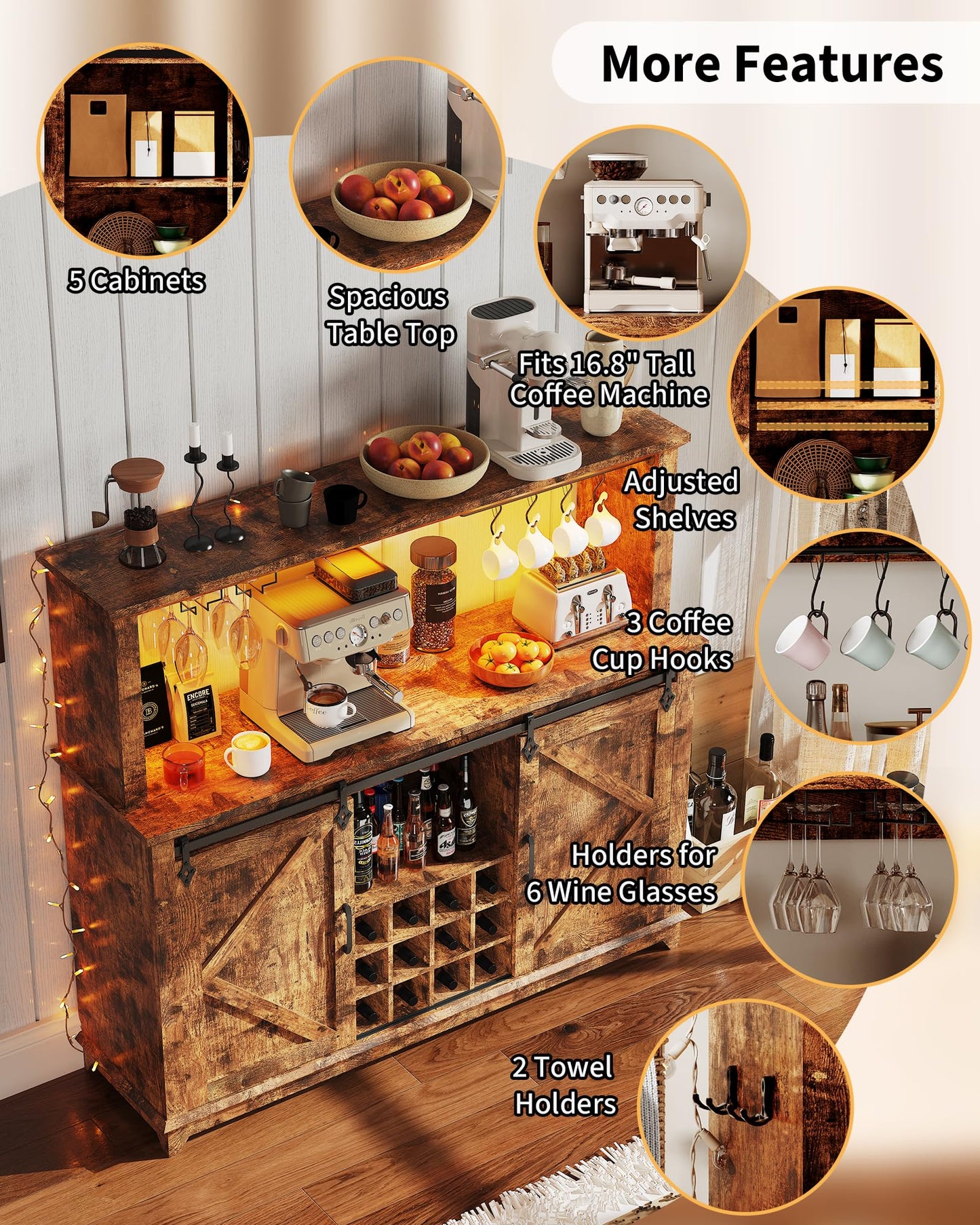 Hetoy Farmhouse Coffee Bar Cabinet 55" Tall with Sliding Barn Door, LED Light, Power Outlet – Storage Drawers, 12-Bottle Wine Rack, Ideal Coffee Hutch for Dining Room or Home Bar