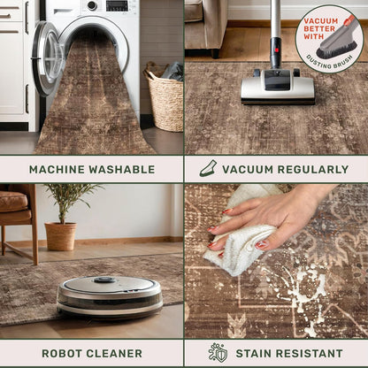 Skiennix Brown Boho Washable Entry Rug - Non-Slip Rubber Backing | 3x4 Indoor Door Mat in Earthy Taupe Floral Design