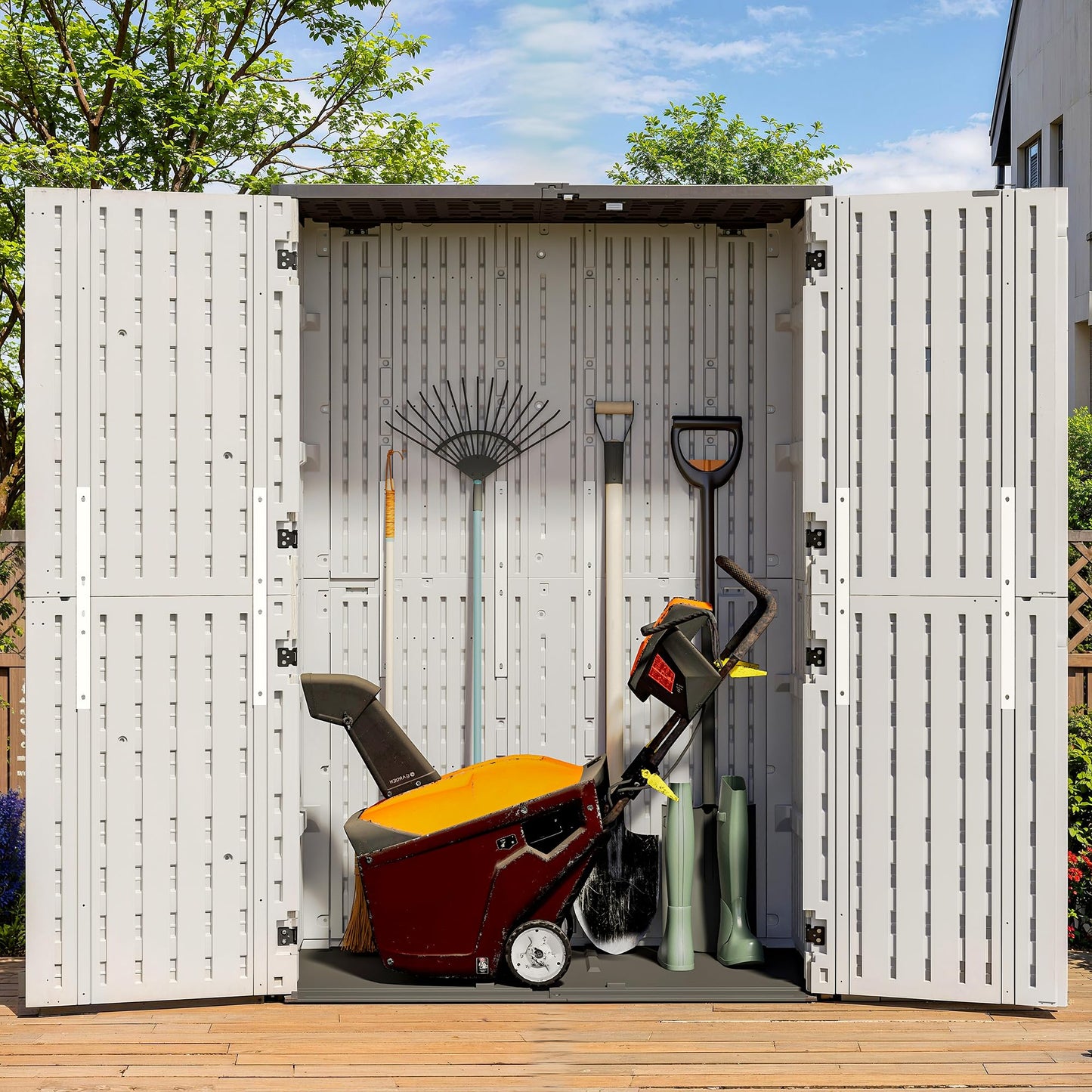 WillowLume 65 Cu.Ft Outdoor Storage Shed, Lockable Outdoor Vertical Resin Storage Cabinet with Floor, All-Weather Waterproof Shed for Garden, Backyard, Pool (65 cu ft)