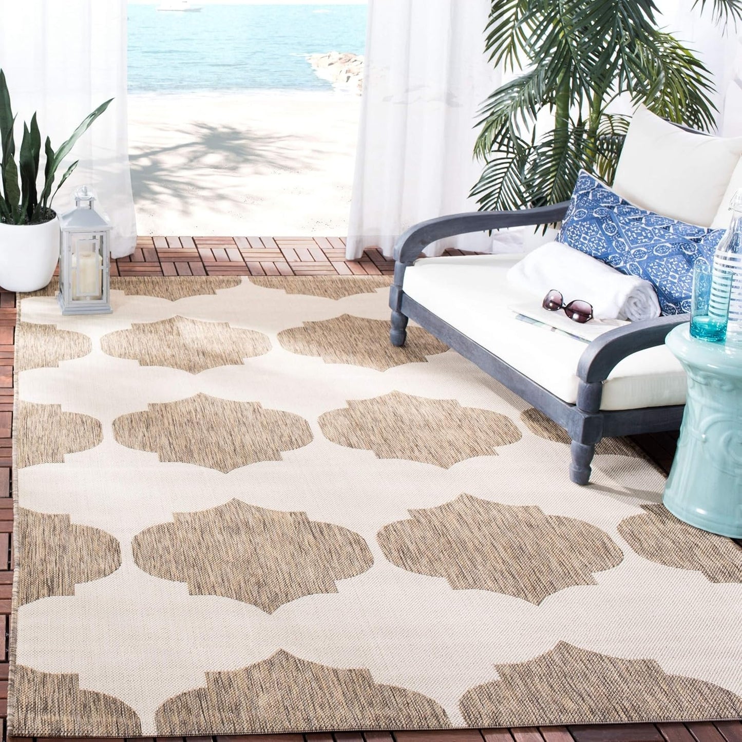 SAFAVIEH Courtyard Collection Accent Rug, 2' x 3'7", Beige & Navy, Non-Shedding, Easy Care Indoor/Outdoor