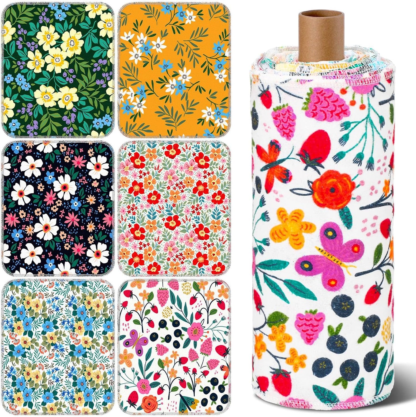 18 Redbaker Pcs Flower Reusable Paper Towels Rolls Washable Paperless Paper Towels Bulk Cloth Cotton Napkin