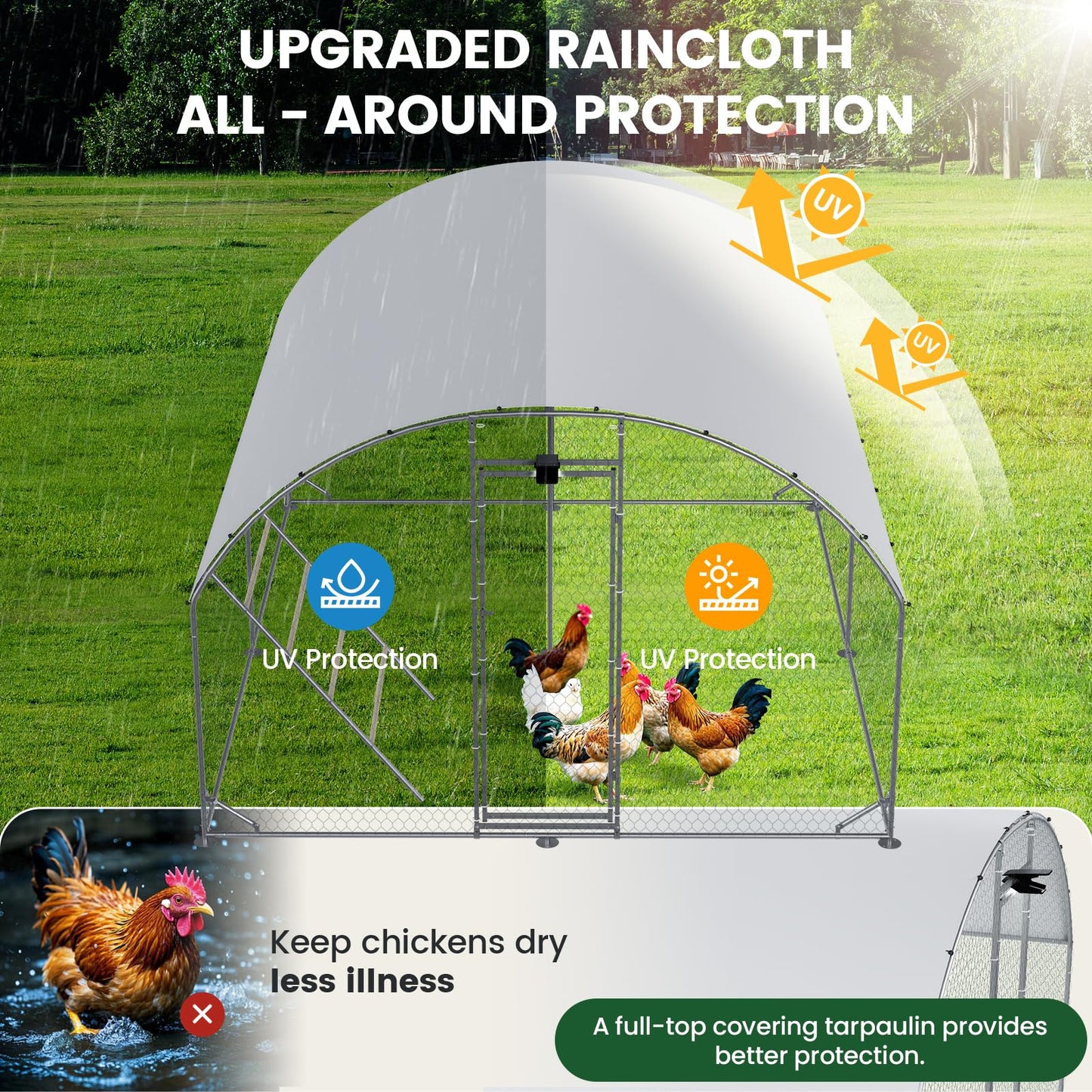 Chicken Coop Large Metal Chicken Run with Full-Top Waterproof Cover - Chicken House for 16/20 Chickens, Poultry Cage with Solar Light, Backside Poles, Walk-in Pen for Rabbits Ducks Yard 2 Room