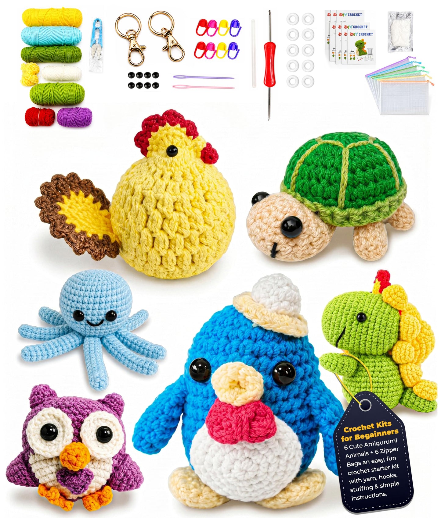 Crochet Kits for Begainners – 6 pcs Animal Amigurumi Set, 6 pcs Zipper Bag, Beginner Crochet Starter Pack for Adults & Kids, Learn to DIY Craft Stitch with Yarn, Hooks, Stuffing & Paper Instructions