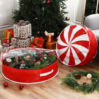 Regine Switzerland Christmas Wreath Storage Bag - 30 Inch Clear Window Design with Dual Zipper Handle | Red & White Peppermint Garland Organizer