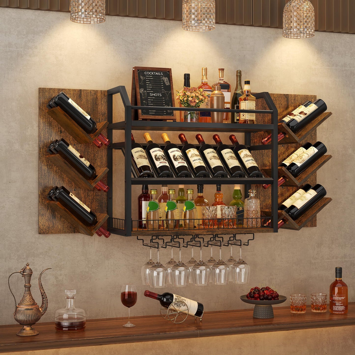 Hoctieon Wall Mounted Wine Rack, 3 Tier Hanging Wine Racks with Glass Holder, Large Capacity Bar Shelves, Metal Wood Bottle Display Storage for Kitchen, Home Bar, Dining Room, Rustic Brown