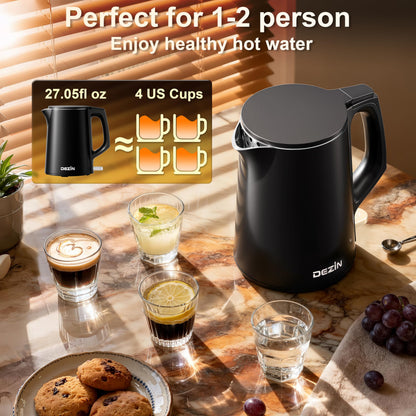 Dezin 0.8L Electric Kettle, Small Electric Kettle with Double Wall Construction, 304 Stainless Steel Electric Tea Kettle for Business Trip, Portable Travel Kettle with Auto Shut-Off