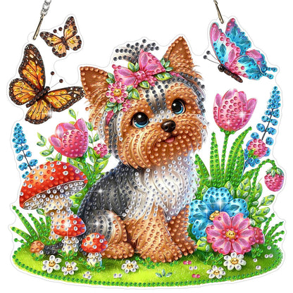 MEIYUDA Flowers Dog Diamond Art Hanging Kits for Adult, Yorkshire Puppy Diamond Painting Hanging Kits Ornaments, DIY Special Shaped Rhinestone Window Pendants Kit for Home Garden Wall Decor Gift