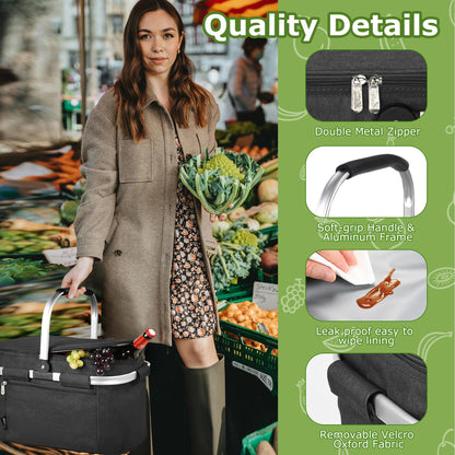 Tirrinia Large Insulated Picnic Basket, 34L Water Resistant & Leakproof Collapsible Portable Cooler Basket Set with Aluminium Handle for Travel,Foldable Grocery Bag, Black