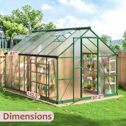 AirWire 8×12 FT Walk-in Greenhouse for Outdoors, Polycarbonate Greenhouse Kit with Roof Vent, Large Heavy Duty Green Houses for Outside Backyard Patio Garden, Green