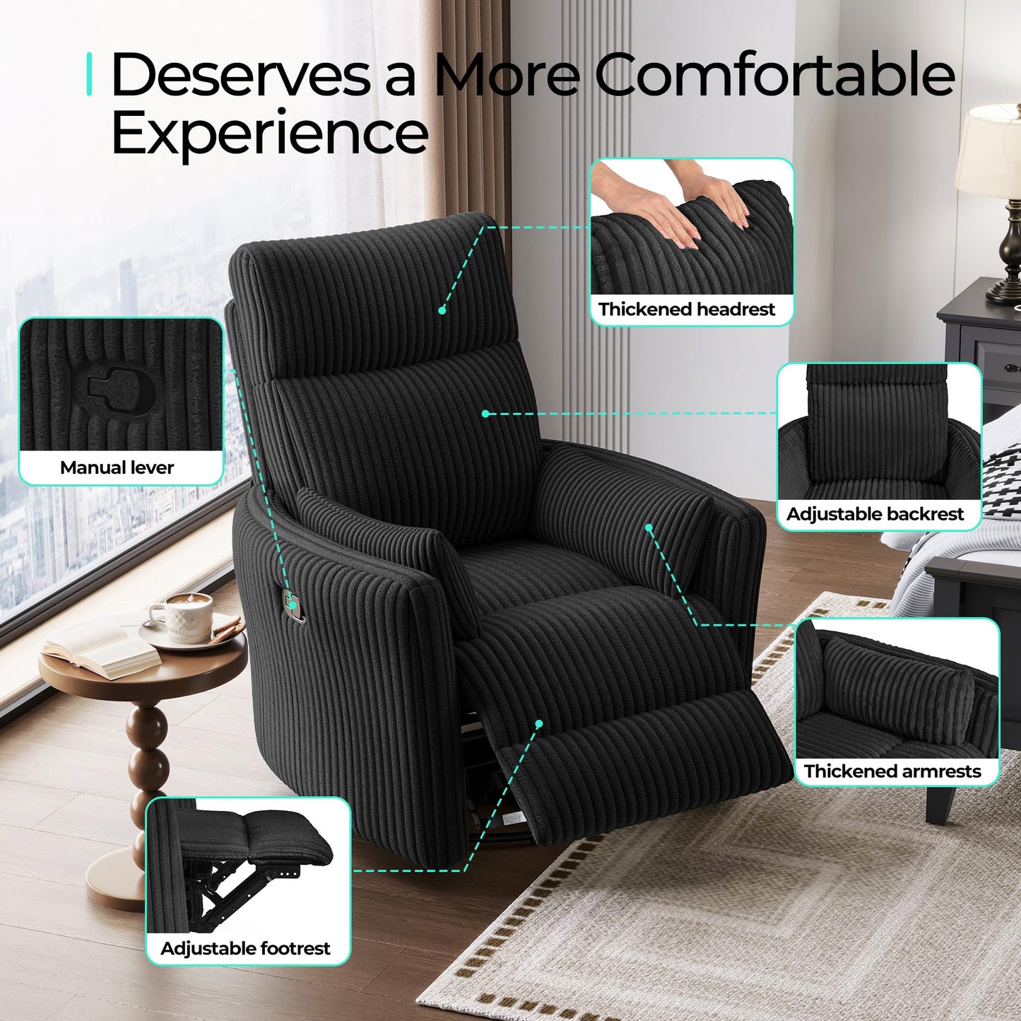 LINSY 360 Swivel Recliner Chair, Nursery Glider Rocking Chair with 2 Pillows, Corduroy Nursing Chair Comfy High Back Adult Rocker Recliner for Small Spaces, Nursery Bedroom Living Room (Black)