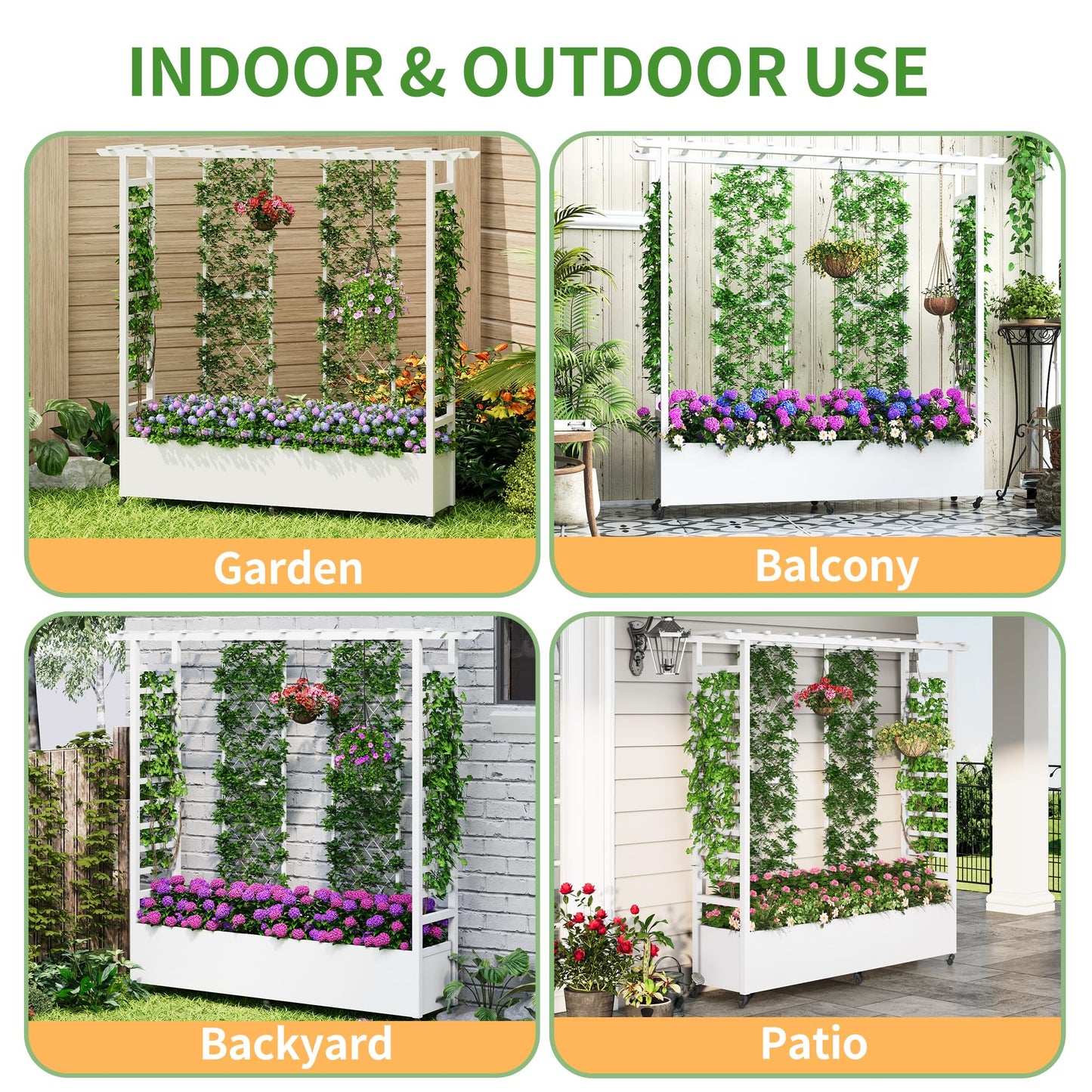 Sunnibety Raised Garden Bed with Trellis & Hanging Roof, Weatherproof Metal Planter Box with Wheels, Garden Arch Trellis for Outdoor Climbing Plants Vines Flowers, 74" H x 77" L x 17" W, White
