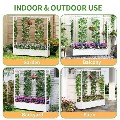 Sunnibety Raised Garden Bed with Trellis & Hanging Roof, Weatherproof Metal Planter Box with Wheels, Garden Arch Trellis for Outdoor Climbing Plants Vines Flowers, 74" H x 77" L x 17" W, White