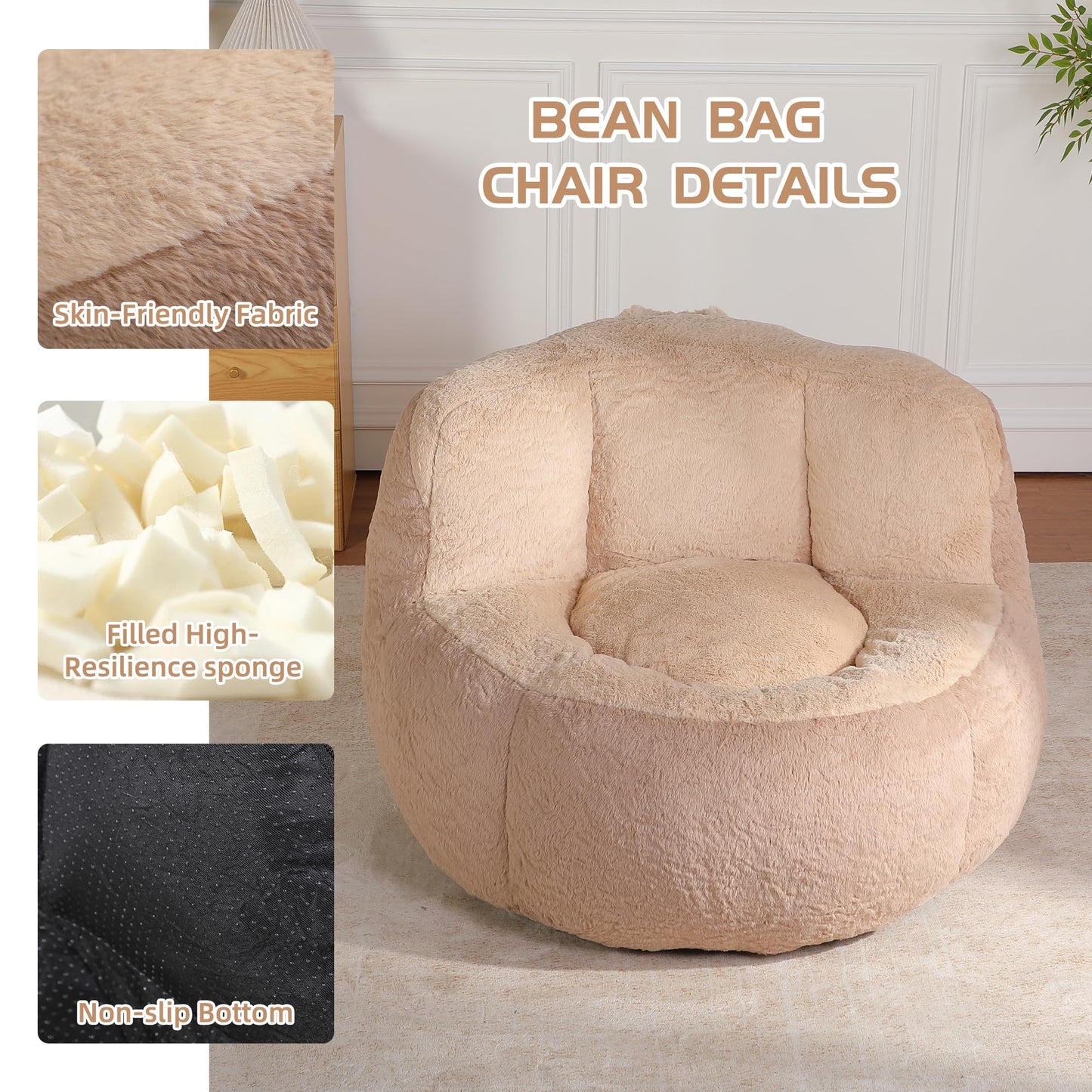 Amacv Oversized Bean Bag Chairs,Multicolor Faux Fur Couch Filled with Shredded Sponge,Large Lounger Sofa for Living Room,No Assembly Required,Brown+Camel