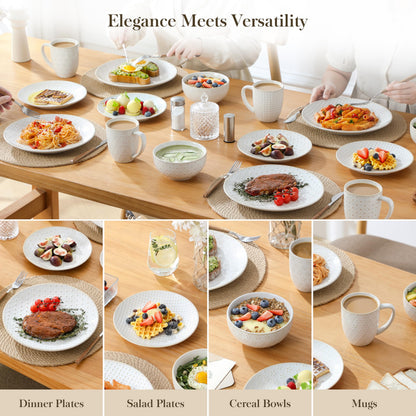 MALACASA 16 Pieces Dinnerware Sets, Modern Relief Design Plates and Bowls Sets, White Dish Set for 4, Kitchen Ceramic Dinner Plates Dishware Set, Microwave and Dishwasher Safe, Series LYDIA