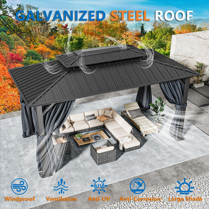 HOTEEL 10x15 Hardtop Gazebo On Clearance with Heavy Duty Galvanized Steel Metal Roof, Patio Hard Top Gazebo with Curtains & Netting,Outdoor Permanent Hot tub Gazebo Pavillon for Backyard,Deck,Black