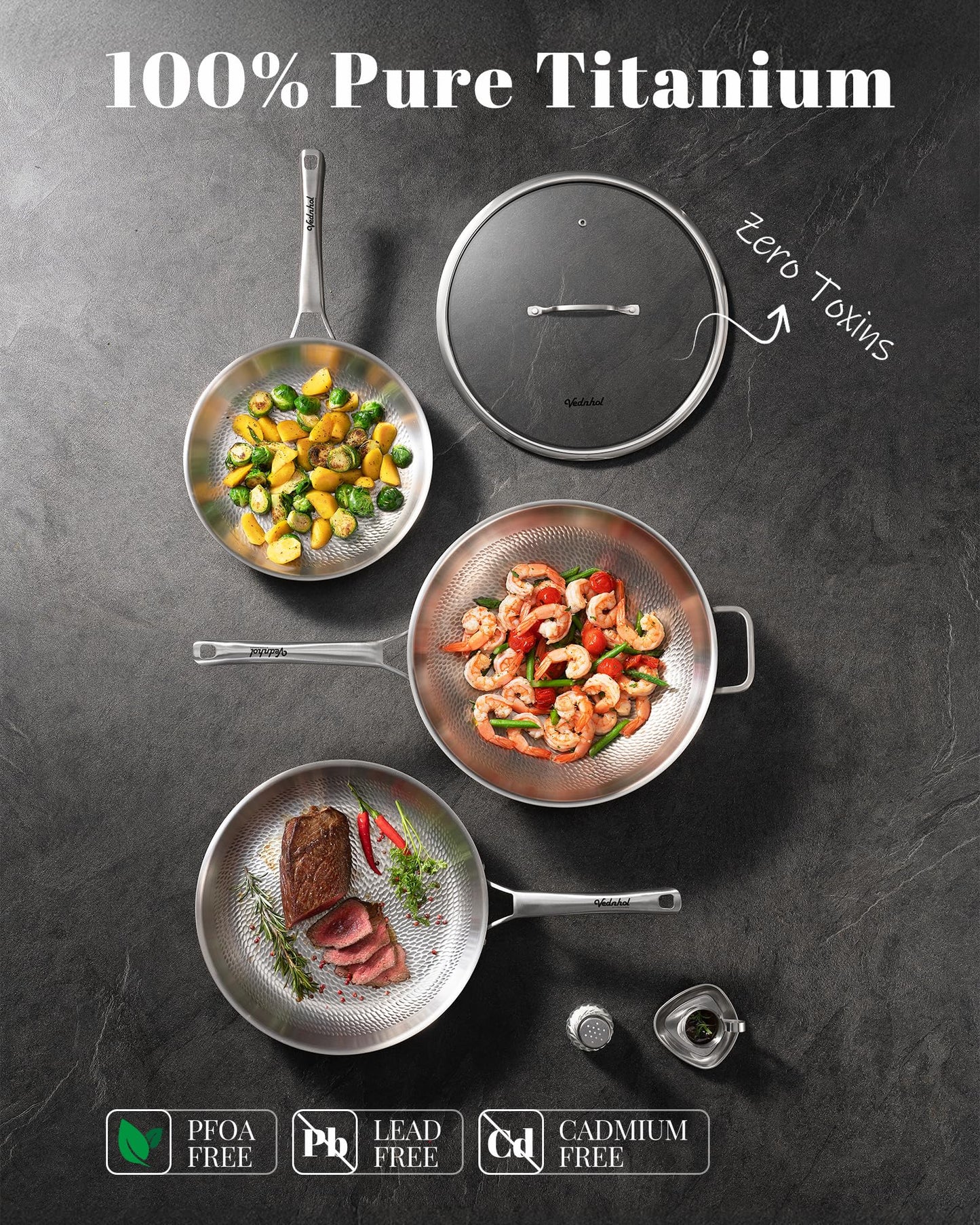 VEDNHOL Titanium Wok Pan,13in Pure Titanium Hammered Pro pans, Non Stick Skillet for Cooking, Non-Toxic, PFAS/PFOA/PTFE Free Cookware, Dishwasher&Oven Safe, Kitchen Induction Compatible