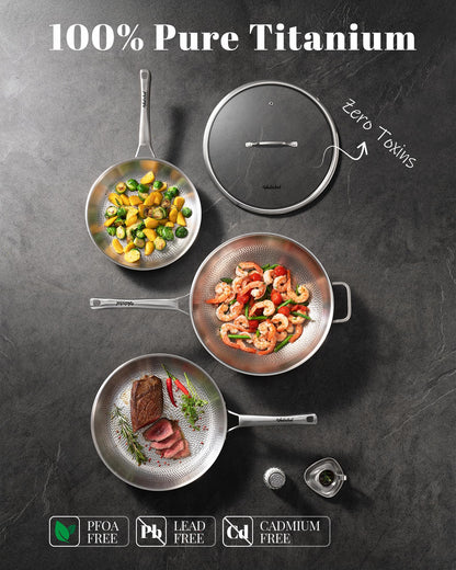 VEDNHOL Titanium Wok Pan,13in Pure Titanium Hammered Pro pans, Non Stick Skillet for Cooking, Non-Toxic, PFAS/PFOA/PTFE Free Cookware, Dishwasher&Oven Safe, Kitchen Induction Compatible
