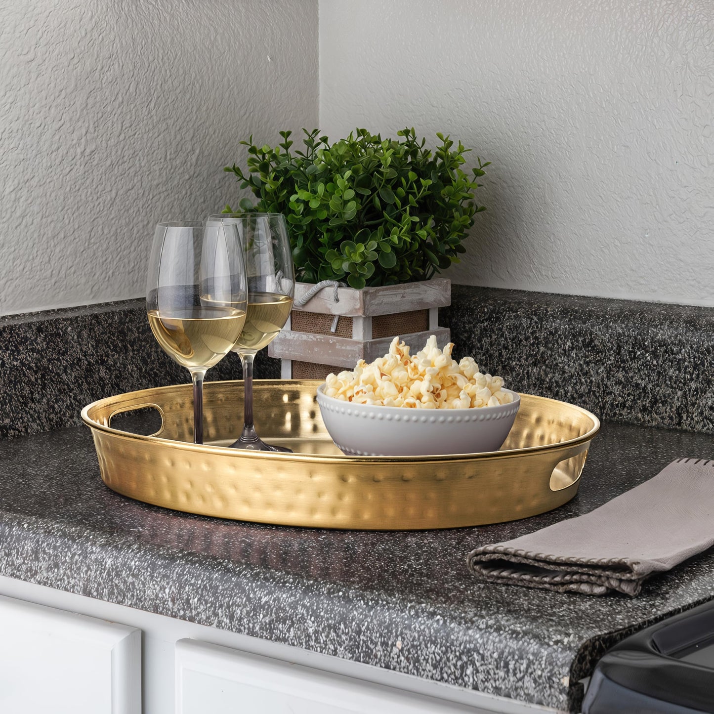 Monarch Abode Serving Tray with Handles – 17-Inch Hand Hammered Metal Platter for Living Room, Brushed Gold Finish Large Ottoman Tray Accent for Coffee Table, Tea & Food Serving Dish for Party