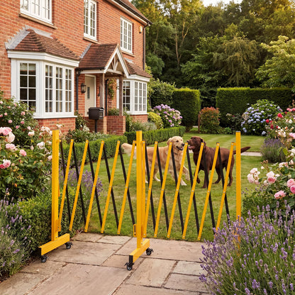 23FT Metal Expandable Mobile Barricade,Industrial Folding Security Gate Driveway Gate, Retractable Retractable Gate Outdoor,Folding Safety Barricade with Casters