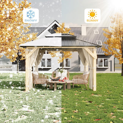 10x12 FT Hardtop Wooden Gazebo with Galvanized Steel Double Roof, Aluminum Frame, Mosquito Netting & Curtains – Durable Outdoor Pavilion for Patio, Backyard, Deck & Lawn