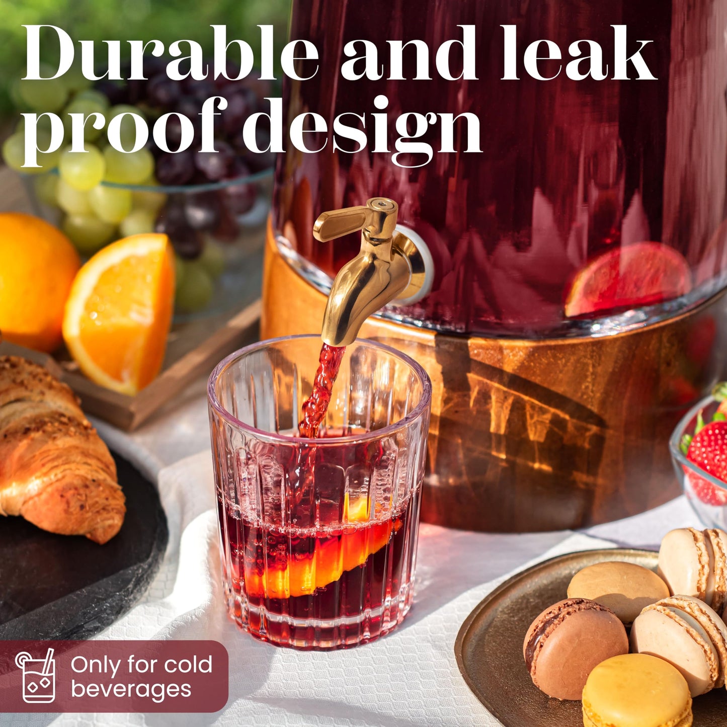 FOODLE Large Glass Drink Dispenser with Spigot - Glass Beverage Dispenser with Stand - Perfect for Parties & Weddings - Pitcher for Lemonade, Water, Sangria, Punch & Juice - Leakproof - 1.72 Gallon