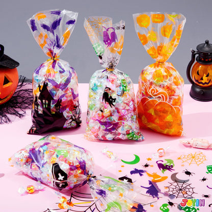 JOYIN 150 PCS Halloween Cellophane Candy Bags, Clear Treat Bags with Twist Ties, Halloween Trick or Treating Goodie Bag, Non Candy Cookie Bag Bulk for Kids Classroom Party Favors Supplies in 6 Design