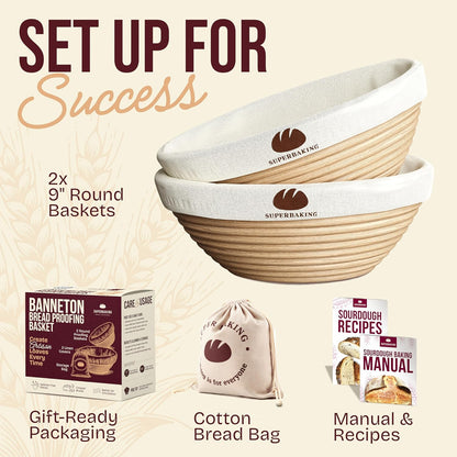 2 9" Superbaking pcs Banneton Bread Proofing Basket, Splinter-Free Round Rattan Bread Basket with Liners, Sourdough