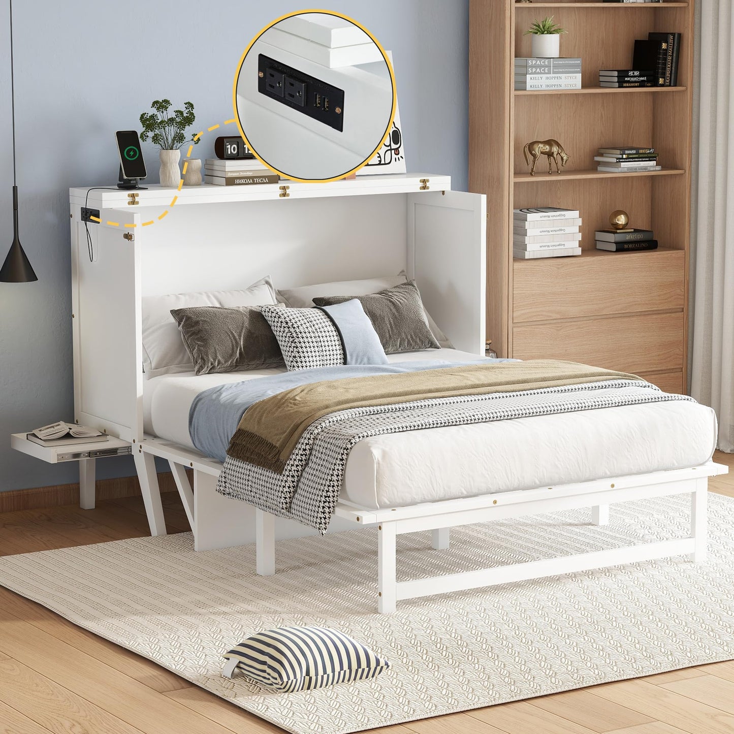 KEIKI Full Size Murphy Bed with USB Port and Removable Shelves on Each Side, Solid Pine Murphy Cabinet Bed for Home Office, Guest Room,White