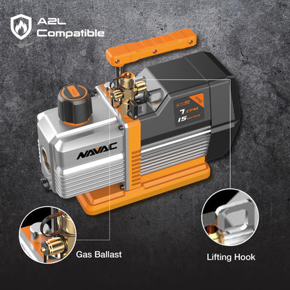 NAVAC NP7DP2 HVAC Vacuum Pump - Dual-Stage AC Motor - A2L Refrigerants - A/C Vacuum Pump Kit - For Evacuation of HVAC Equipment - 15 Microns - Pro Series - 7 CFM