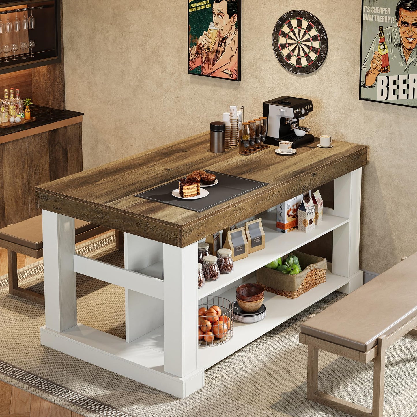 Tribesigns 55" Kitchen Island with Seating and Storage, 3-Tier Farmhouse Wood Stationary Island Table with Large Worktop & Leg Room, Coffee Bar Table with Storage Shelves for Kitchen, White and Brown