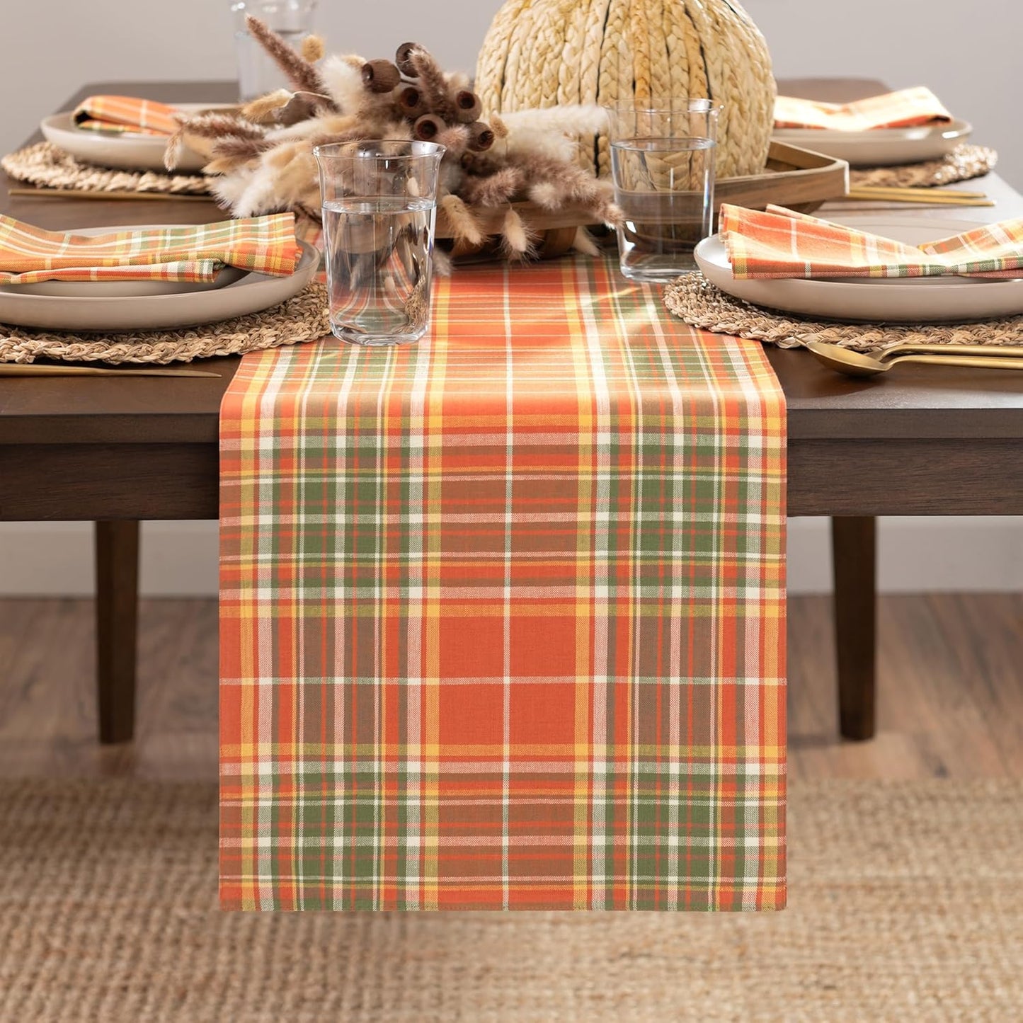 13"x70" Elrene Home Fashions Hawley Plaid Harvest Fall/Thanksgiving Cotton Console Centerpiece/Table Runner