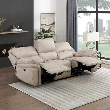 Lexicon Power Double Reclining Sofa, Polished Microfiber Wall Hugger Sofa Recliner for Living Room Comfort, Charging Port, Pillow Top Arms, Attached Cushions, Sand