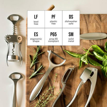 Public Goods Kitchen Tool Set | 6 Piece Kitchen Utensil Set | Includes Y-Peeler, Peeler, Bottle Opener, Wine Opener, Pizza Cutter, and Garlic Press | Plastic-Free, Dishwasher Safe Gadget Essentials