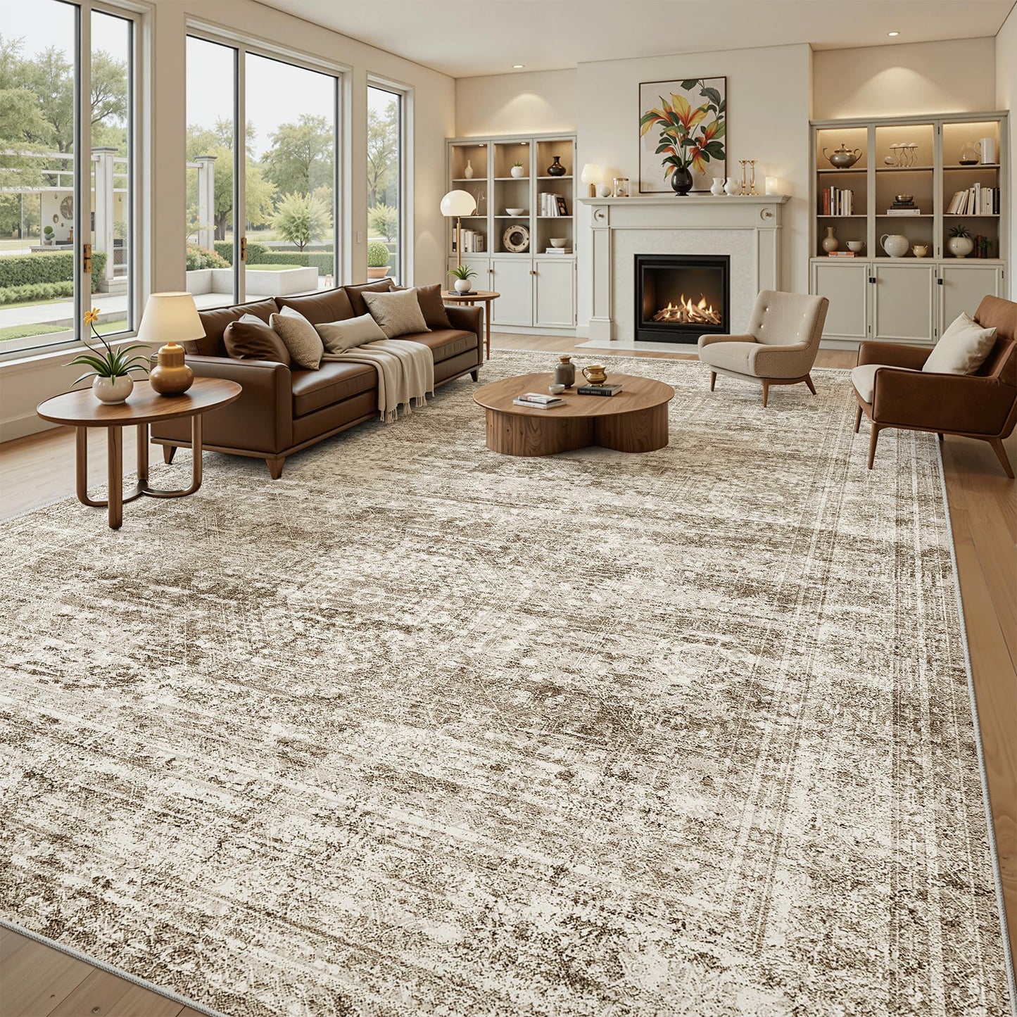 Soalmost 12x15 Washable Area Rug Brown Neutral Abstract Living Room Large Carpet Non Slip Bedroom Indoor Office Dining Room Low Pile Thin Rug