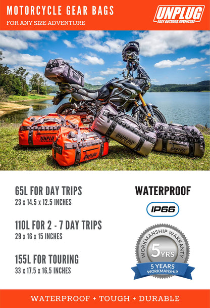 UNPLUG Ultimate Adventure | 1680D Heavy Duty Waterproof Bag | Large Travel Bag which can be Used for Camping, Motorcycling, Boating, or Hunting|155L Adventure Orange