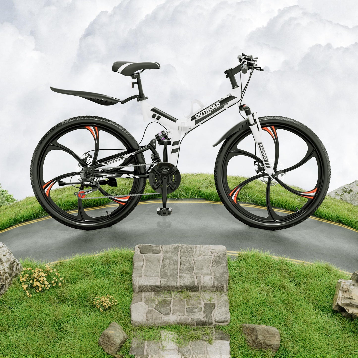 Outroad 26 Inch Folding Mountain Bike, 21 Speed Dual Disc Brake Non-Slip Folding Bikes, Full Suspension High-Carbon Steel MTB Foldable Bicycle for Adults/Women/Men, White