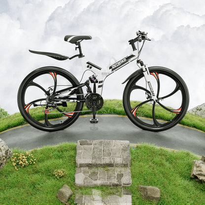 Outroad 26 Inch Folding Mountain Bike, 21 Speed Dual Disc Brake Non-Slip Folding Bikes, Full Suspension High-Carbon Steel MTB Foldable Bicycle for Adults/Women/Men, White