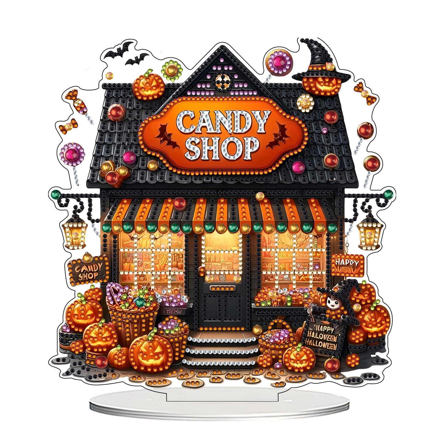 JJFox DIY 5D Tabletop Diamond Art Painting Kit， Desktop Ornament Special Shaped Rhinestone Desk Placement Ornament，Home Stand Up Gem Painting Craft Kit，Gift (Halloween Candy Shop)