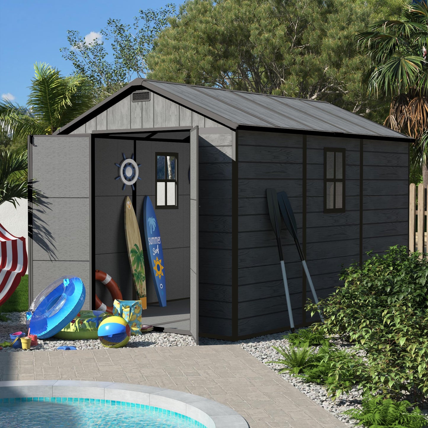UDPATIO Resin Storage Shed 7.5x10.7 FT, Outdor Plastic Shed for Garden Tools Pool Equipment, Outside Sheds with Lockable Door for Backyard, Patio, Lawn, Dark Grey