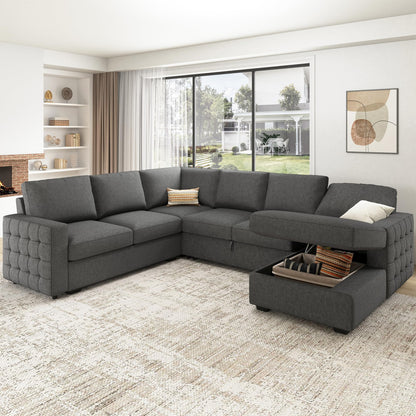 HONBAY Sectional Sleeper Sofa with Pull-Out Bed Storage Chaise, 6 Seaters Couch for Living Room, Light Grey
