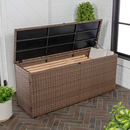 happimess TRK1002B Nino 59.06" Modern Minimalist Outdoor Faux Wicker Deck and Patio Storage Box, Brown, Soft-Close, for Package Delivery, Patio Furniture, Cushions, Gardening Tools, Pool Supplies