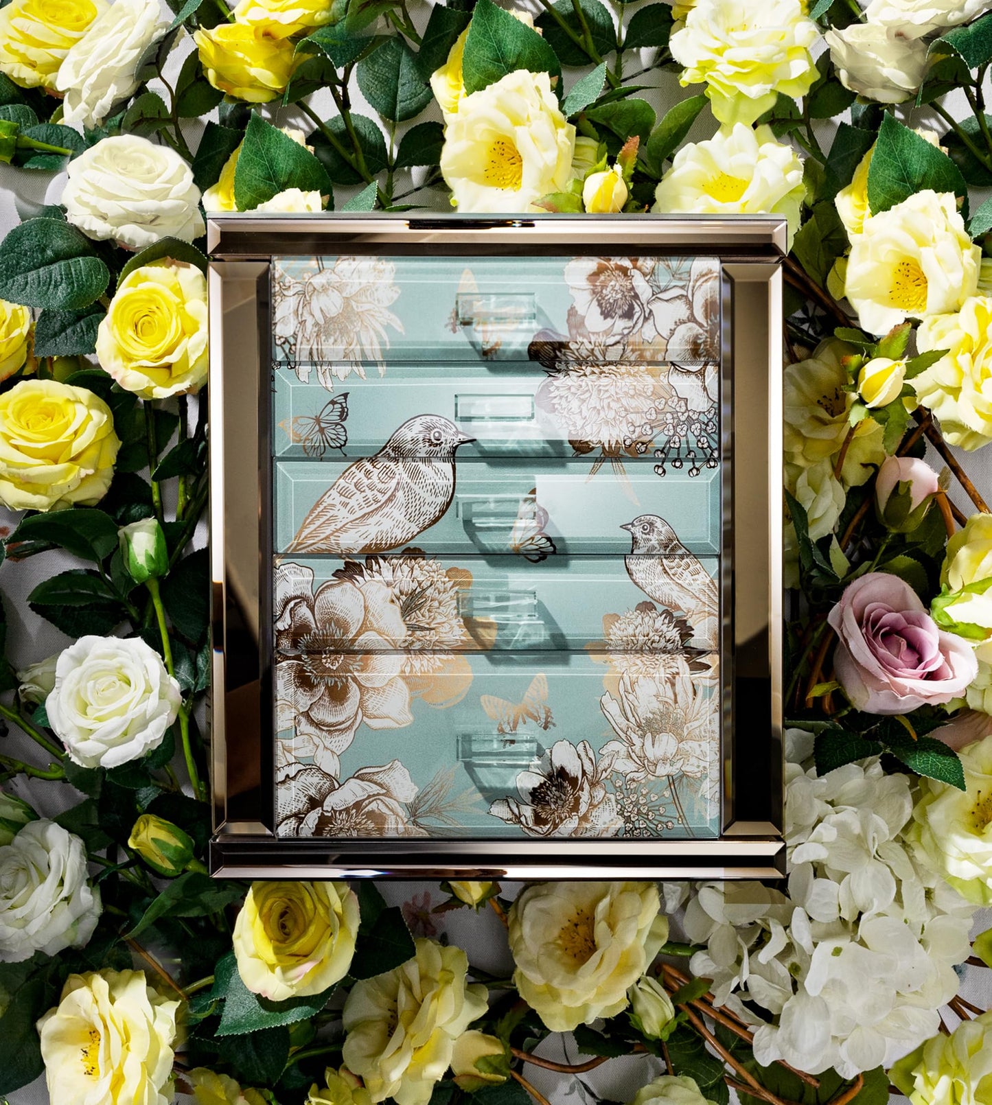 Homruilink High End Glass Jewelry Box, 5 Layer Jewelry Organizer for Women, Side Doors & Mirror, Velvet-Lined Storage for Rings & Necklaces, Ideal Gift (Bird & Floral)